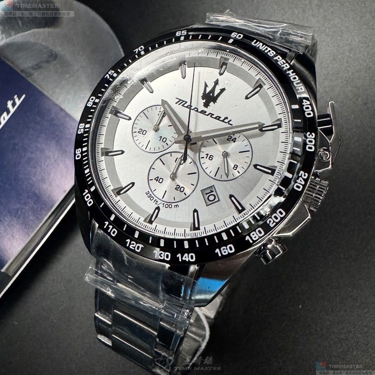 [星晴錶業]MASERATI手錶,46mm,R8873612049白色錶面黑錶殼銀色精鋼錶帶款, , large