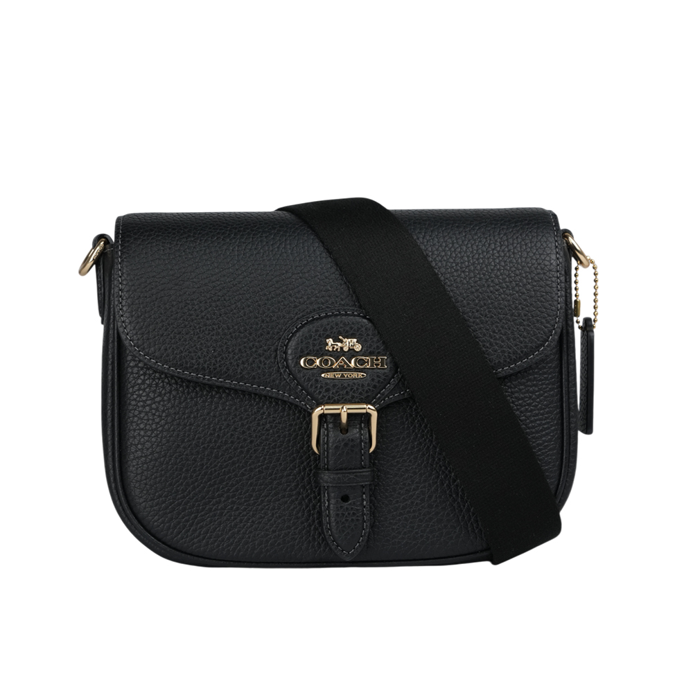 COACH Amelia 金字荔枝皮革馬鞍包/黑色, , large