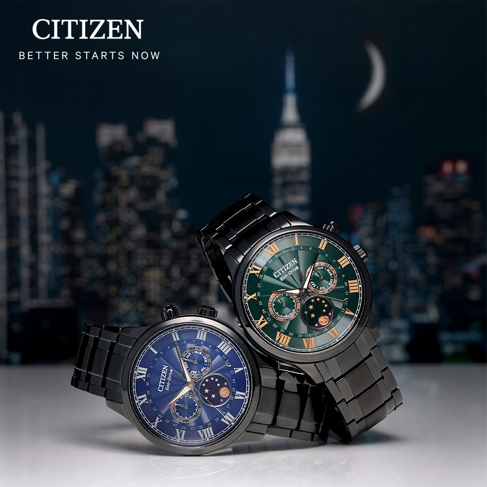 CITIZEN 星辰 亞洲限定 光動能紳男月相手錶 AP1055-87X, , large