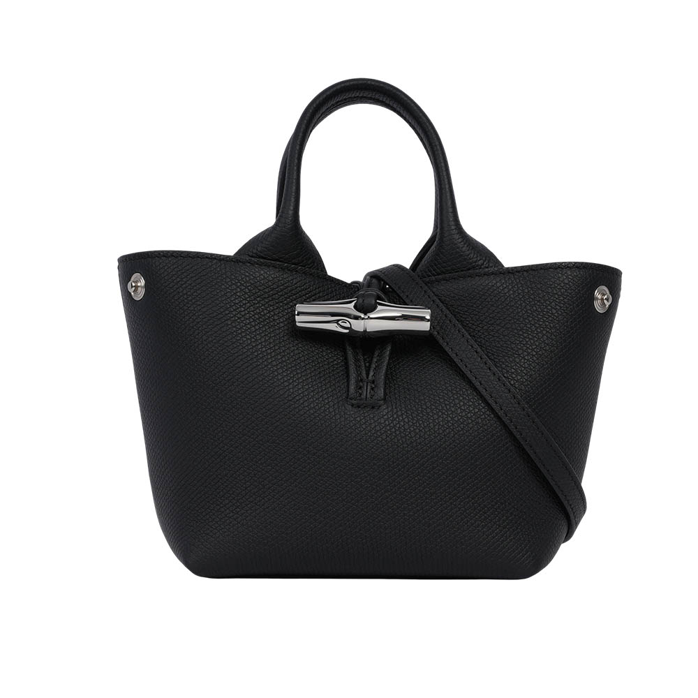 LONGCHAMP Roseau XS 竹節釦牛皮手提/斜背迷你二用包/黑色, , large