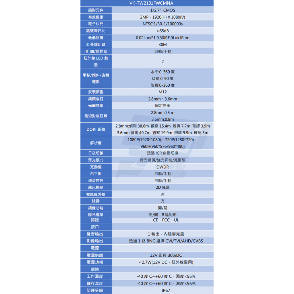 昌運監視器 SAMPO聲寶 VK-TW2131FWCMNA 200萬 紅外線槍型攝影機 內建麥克風, , large