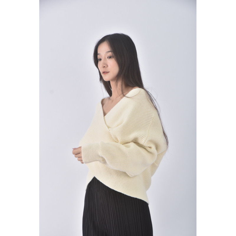 (F) 質感針織V領杏色長袖上衣二手衣, , large