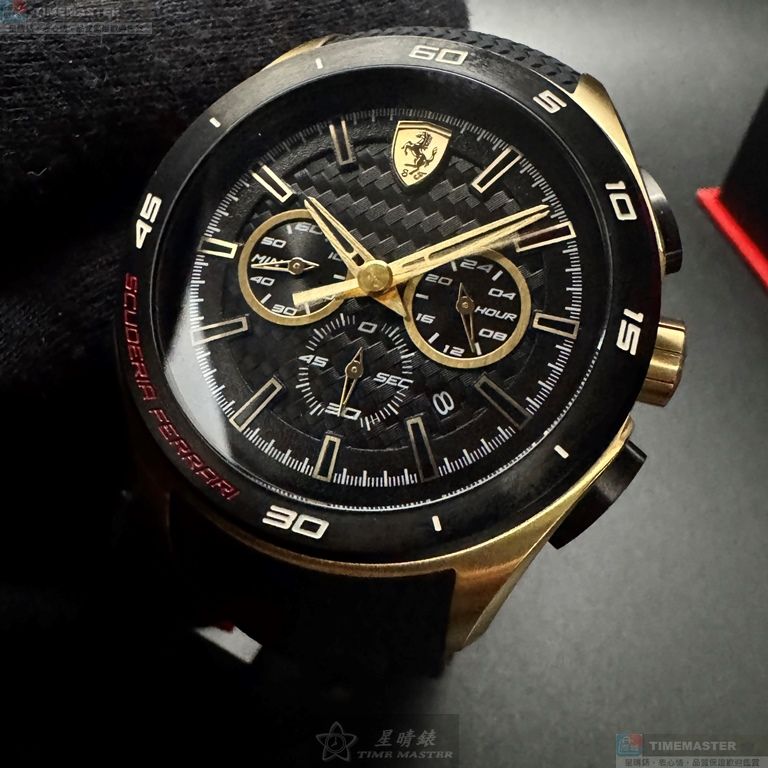 [星晴錶業]FERRARI手錶,46mm,FE00106黑色錶面金色錶殼深黑色矽膠錶帶款, , large