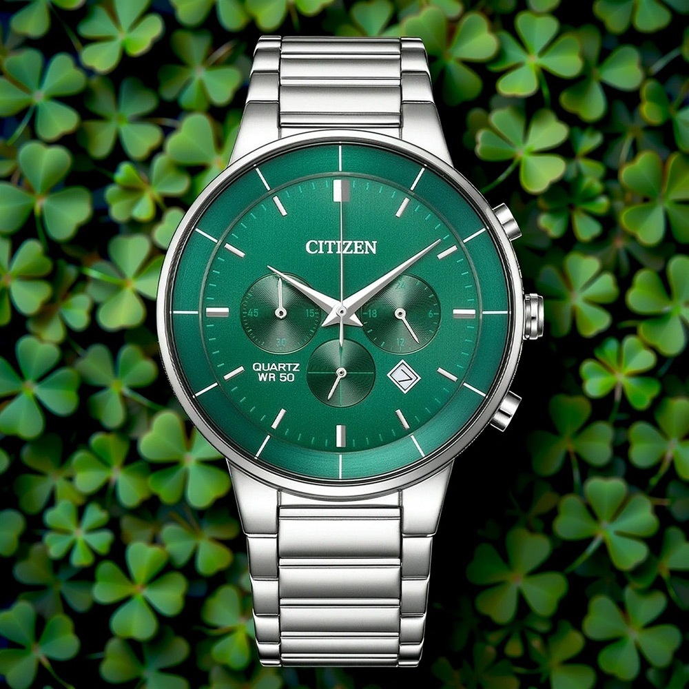 CITIZEN 星辰 Chronograph 紳男計時手錶 送禮推薦-銀x綠/42mm AN8220-52X, , large
