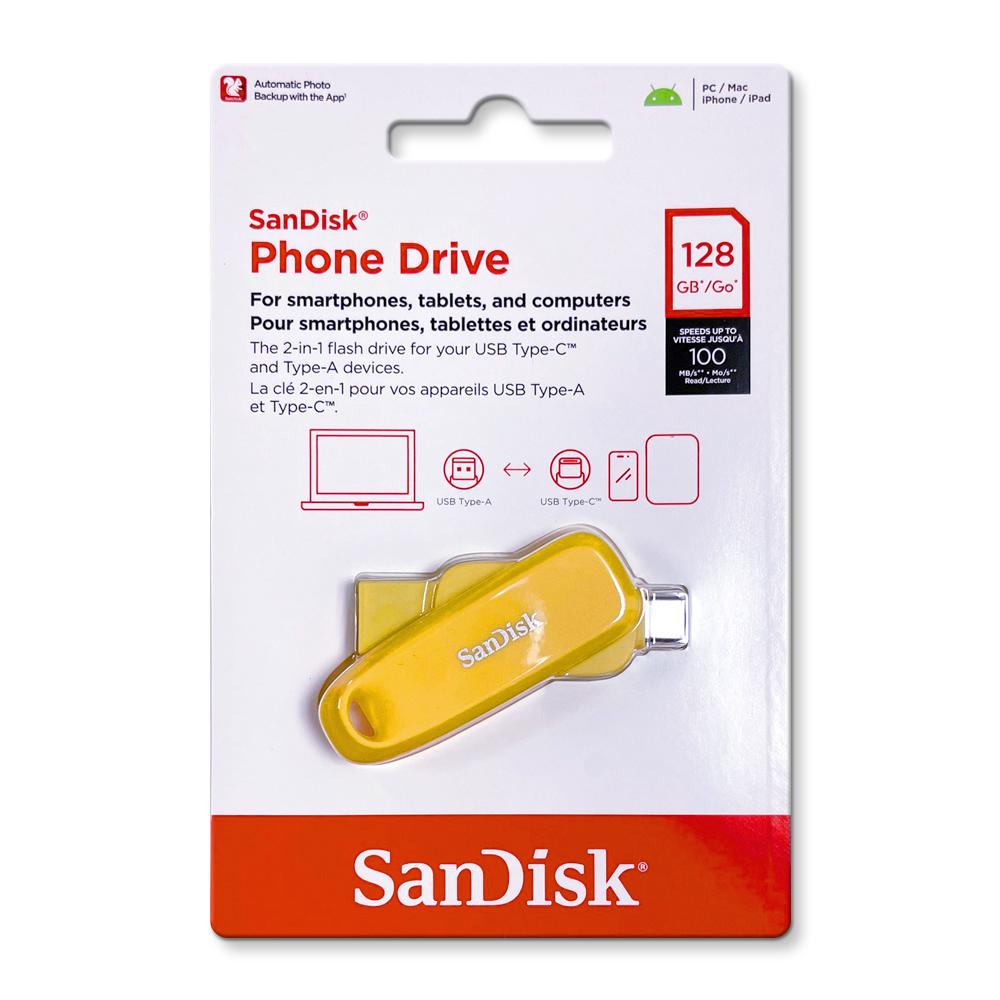【SanDisk】Phone Drive DDC6 黃色 128G TYPE-C USB 3.2 雙用 OTG 旋轉隨身碟 讀取速度 100MB/s, , large