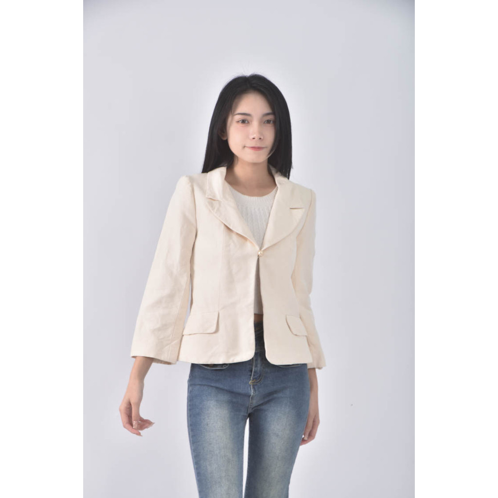 (S) chanel小香風西裝假口袋杏色外套二手衣, , large