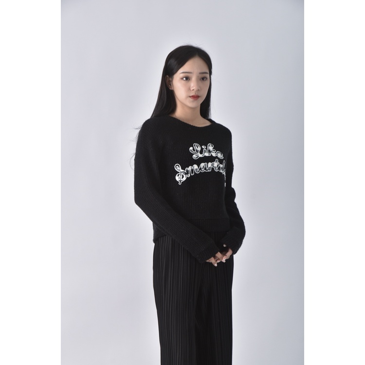 (M) 【房業涵私服】lalala英文刺繡黑色毛衣二手衣, , large