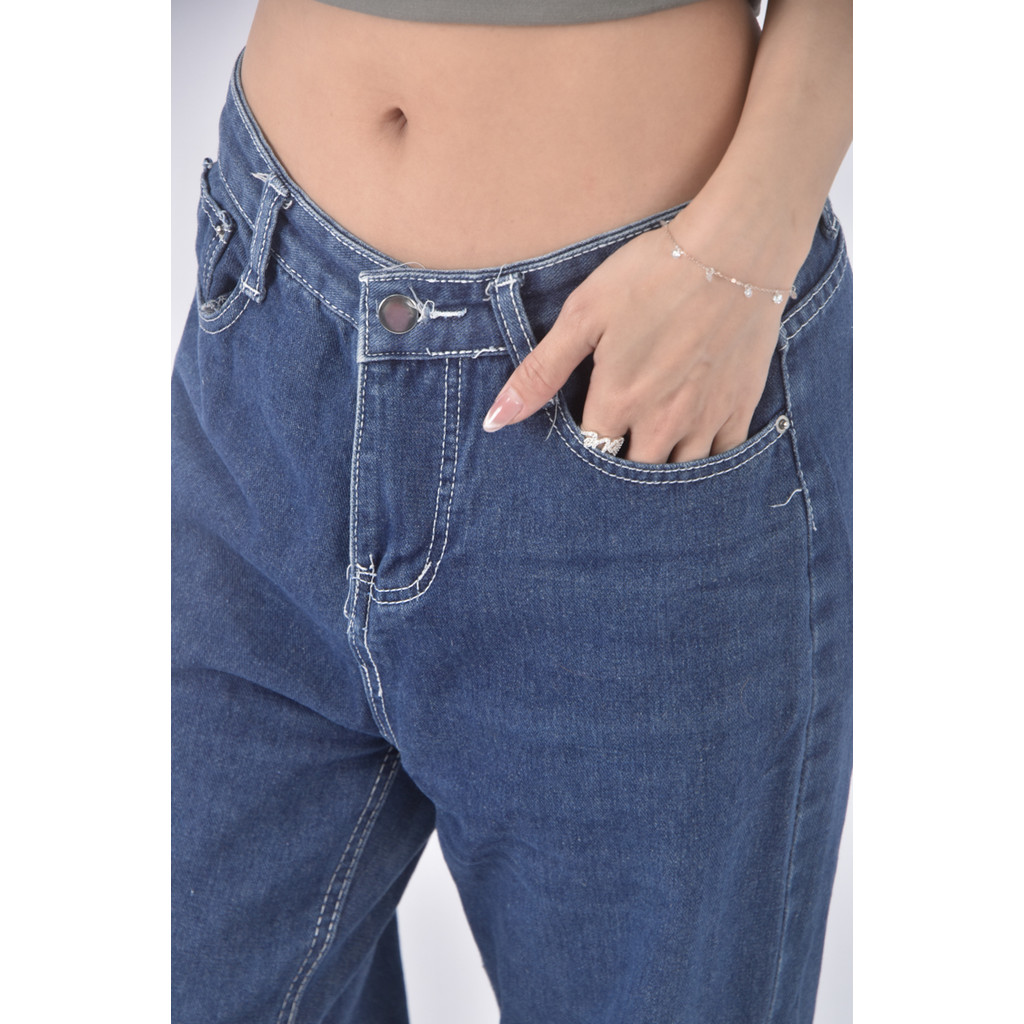 (L) jeans高腰丹寧牛仔質感藍色長褲二手衣, , large