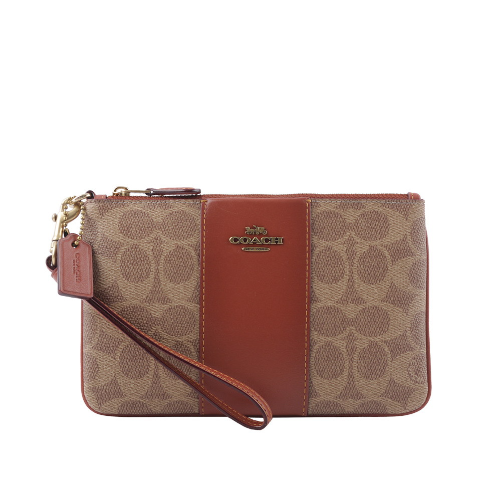 COACH 專櫃款經典CC Logo 撞色小款手拿包/焦糖/紅棕色, , large
