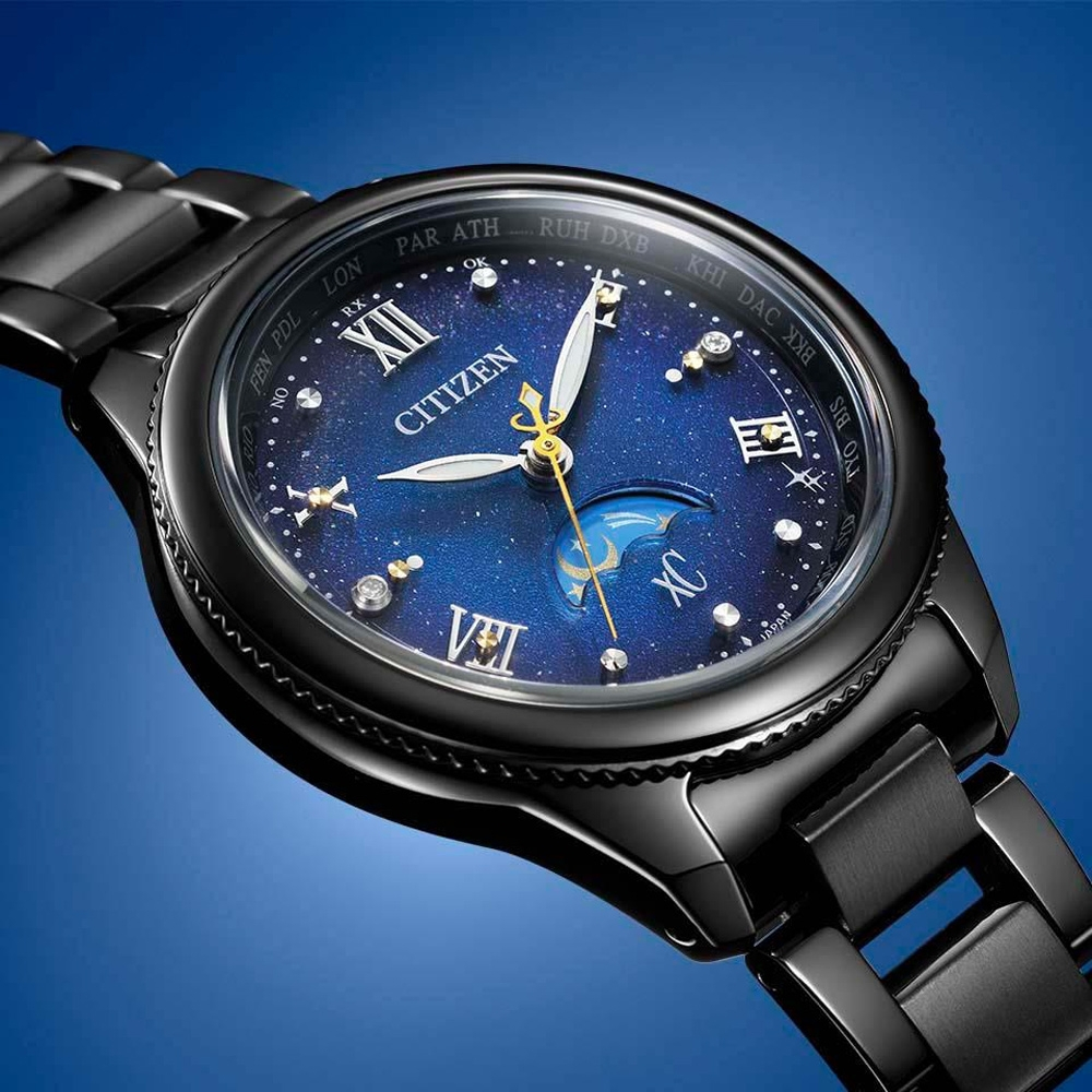 CITIZEN 星辰 XC 夜川月 限量 超級鈦 日月顯示 光動能電波女錶 EE1007-75L, , large
