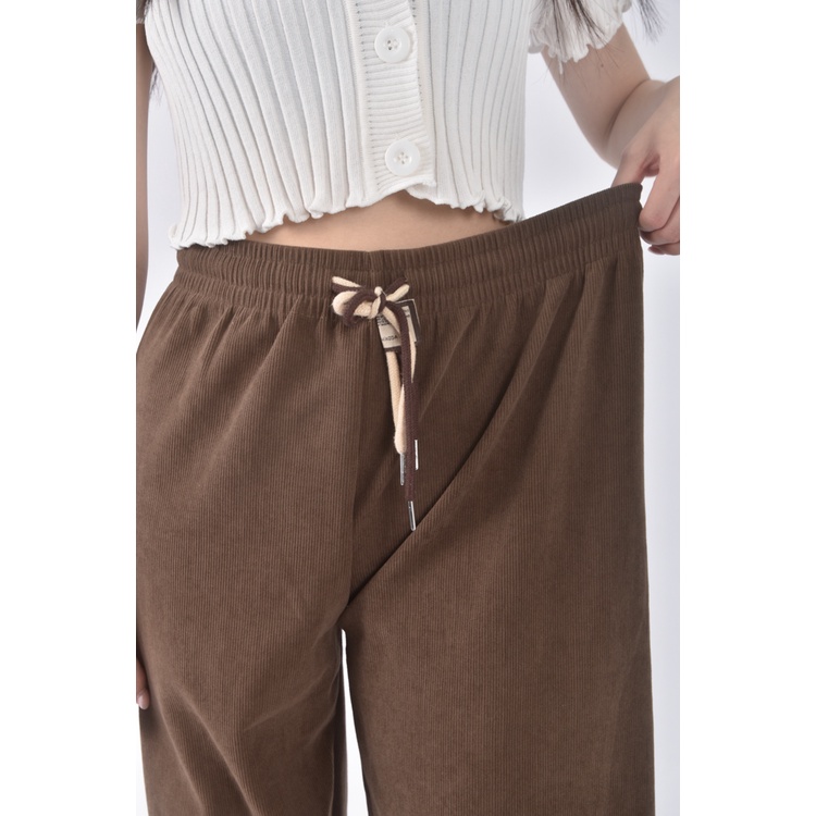 (XL) 高腰質感棉質抽繩棕色長褲二手衣, , large