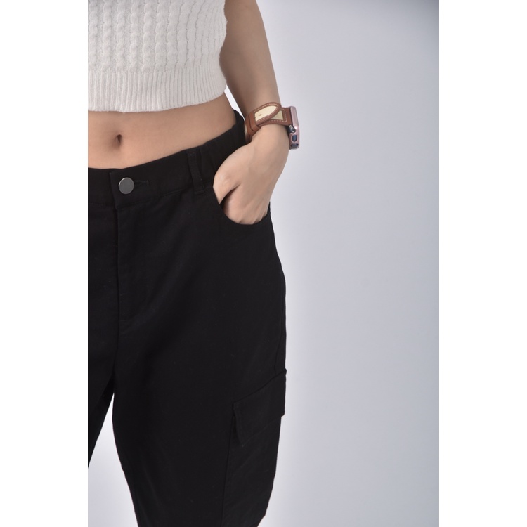 (XL) lativ高腰丹寧牛仔質感棉質工裝黑色長褲二手衣, , large