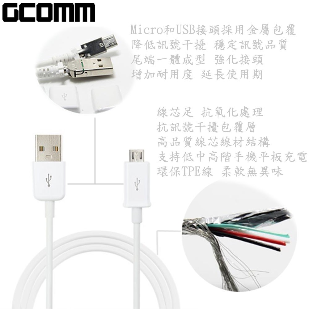 GCOMM 原廠數據充電線 SONY HTC 三星 小米 MicroUSB 通用 高品質高速 時尚白, , large