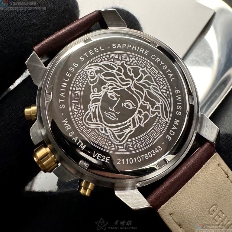 [星晴錶業]VERSACE手錶,46mm,VS11331寶藍色錶面金色錶殼咖啡色真皮皮革錶帶款, , large