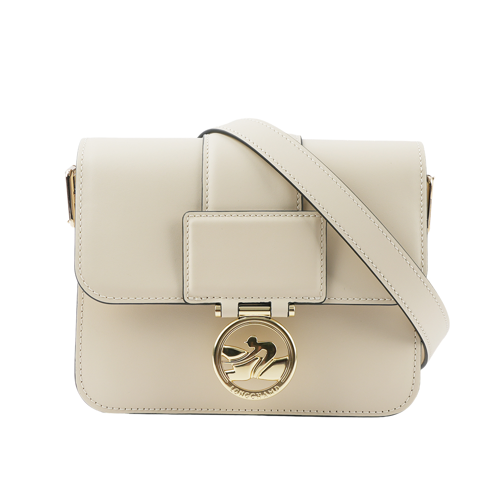 LONGCHAMP S號 BOX-TROT 滑面小牛皮翻蓋斜背包/白紙色, , large