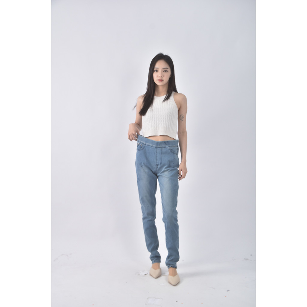 (XL) 高腰棉質緊身藍色長褲二手衣, , large