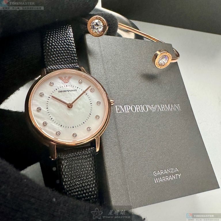[星晴錶業]ARMANI手錶,30mm,AR00065貝母錶面玫瑰金錶殼深黑色真皮皮革錶帶款, , large