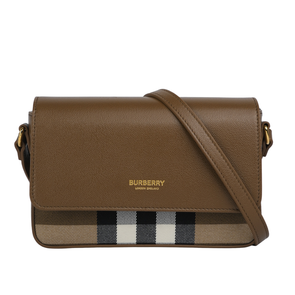 BURBERRY Hampshire 新款格紋帆布拼皮革手拿包/斜背包/土棕色, , large
