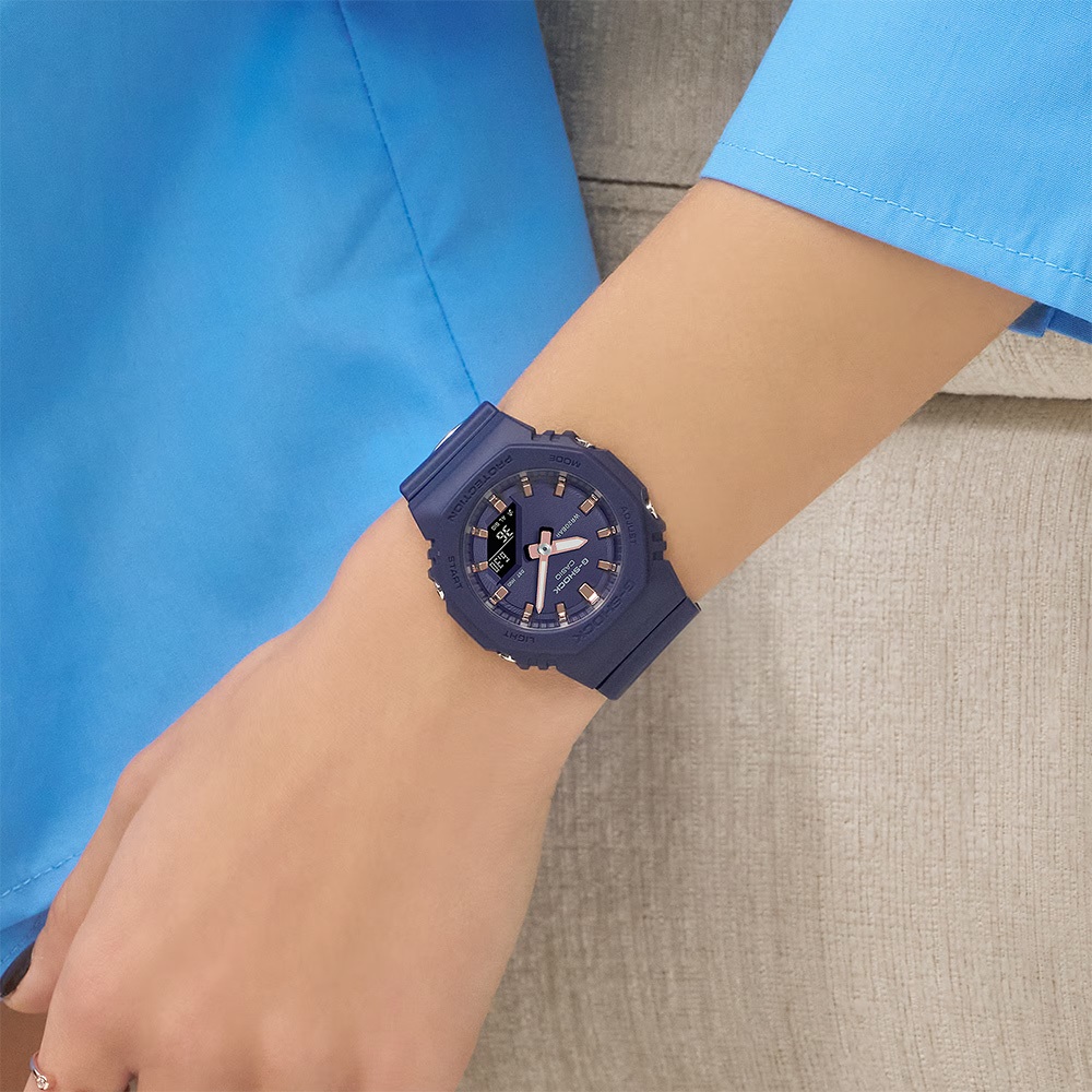 CASIO 卡西歐 G-SHOCK 優雅玫瑰金時標 八角雙顯手錶 520情人節 送禮-海軍藍 GMA-P2100M-2A, , large