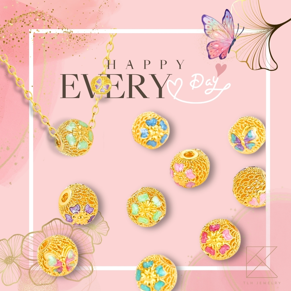 【TLH】黃金墜轉運珠項鍊 純金999 多選 花蝶錦繡 約重0.15錢&plusmn;0.03 (顏色隨機), , large