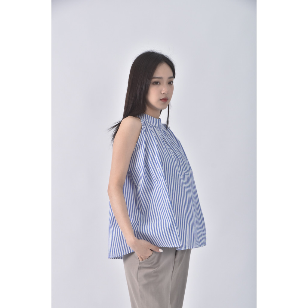 (L) air space質感削肩條紋藍色上衣二手衣, , large