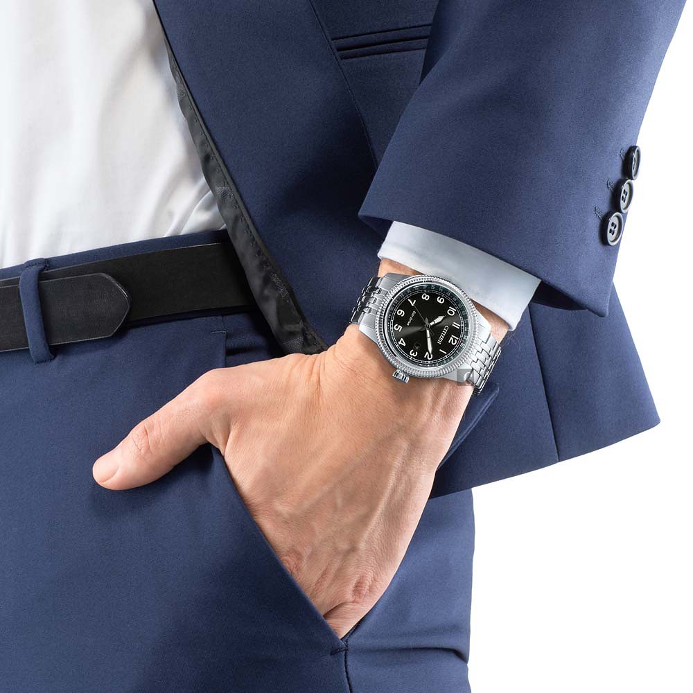 CITIZEN 星辰 光動能復古風紳士手錶-銀x黑 BM7480-81E, , large