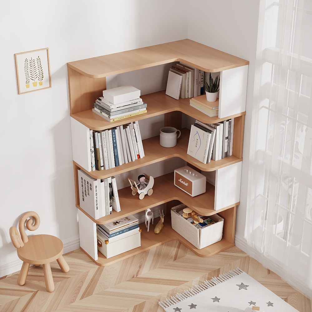 【樂樂】L型轉角簡約實用書架雙色原木+白色4層90x60(實木書架 層架 置物架 收納架), , large