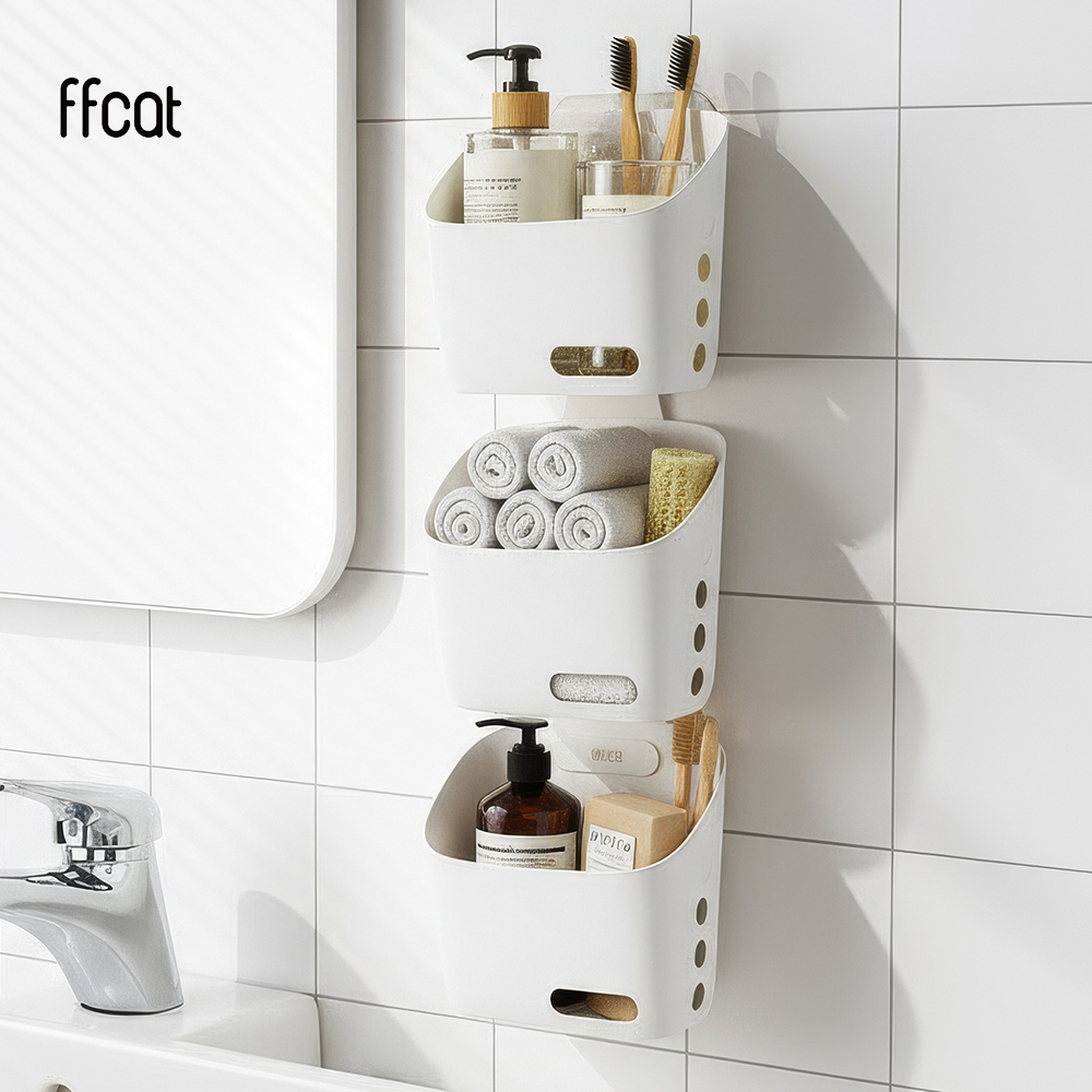 ffcat 壁掛置物籃三件組【二款可選】掛籃 免打孔 分層分類收 浴室置物架 置物架 廚房置物架 浴室收納架 浴室收納 牆面置物架, , large