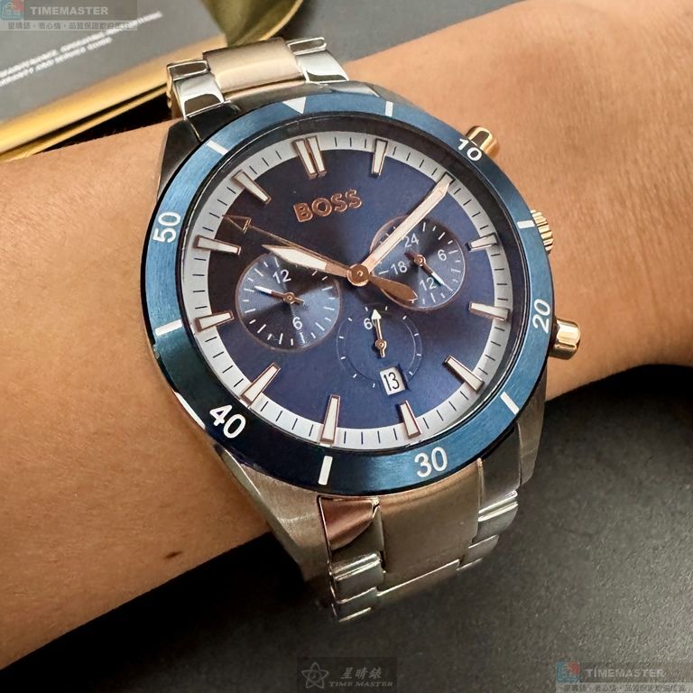 [星晴錶業]BOSS手錶,46mm,HB1513937寶藍色錶面寶藍錶殼金銀相間精鋼錶帶款, , large