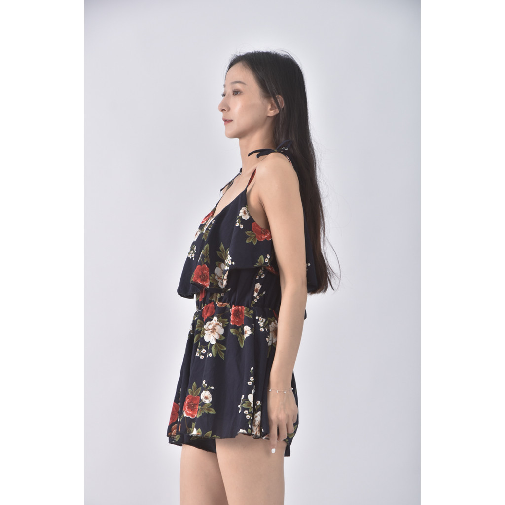 (L) girl s monday高腰質感吊帶印花藍色連身裝二手衣, , large