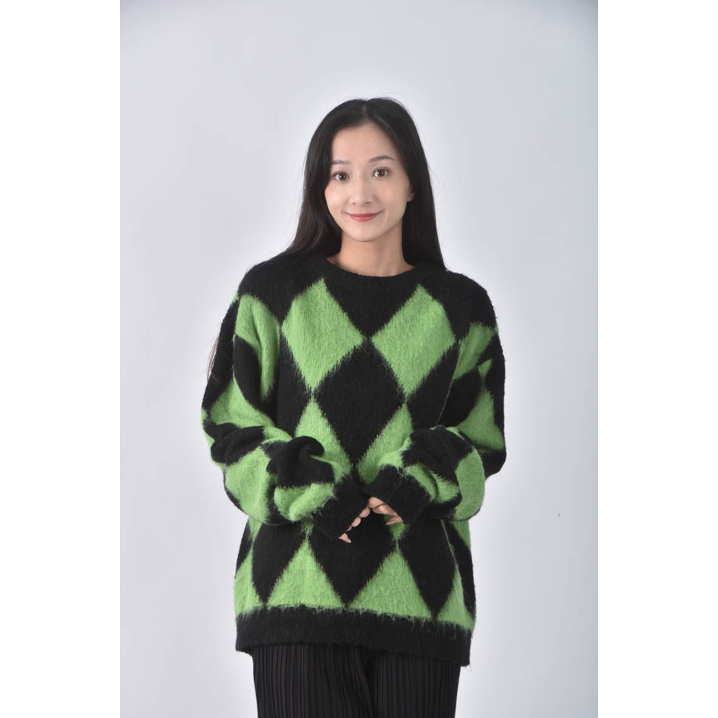 (F) lagua gem菱格紋綠色長袖上衣二手衣, , large