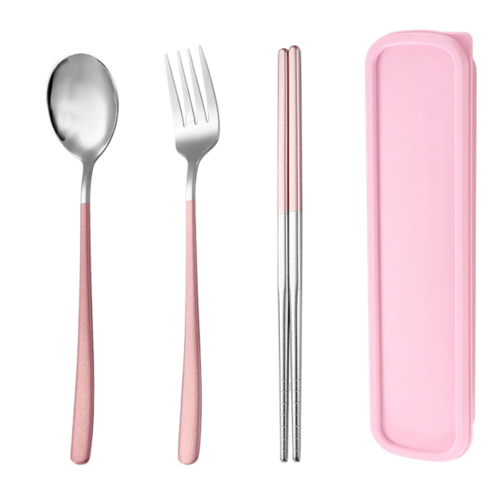 【JAR嚴選】410不鏽鋼環保無毒攜帶式拼色餐具組3件組-粉銀, , large