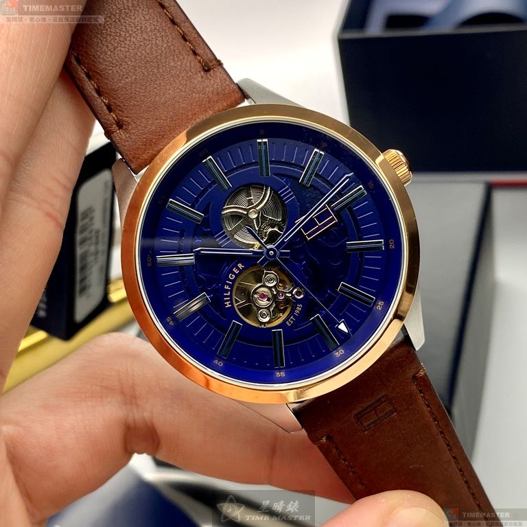 [星晴錶業]TommyHilfiger手錶,44mm,TH00025寶藍色錶面玫瑰金錶殼咖啡色真皮皮革錶帶款, , large