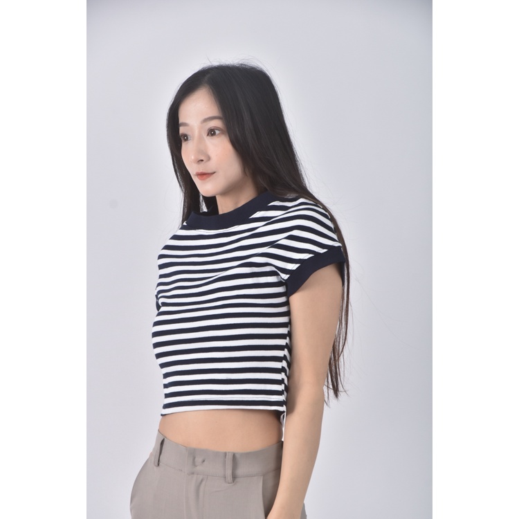 (S) topdressing韓牌質感修身短版條紋藍色短袖上衣二手衣, , large