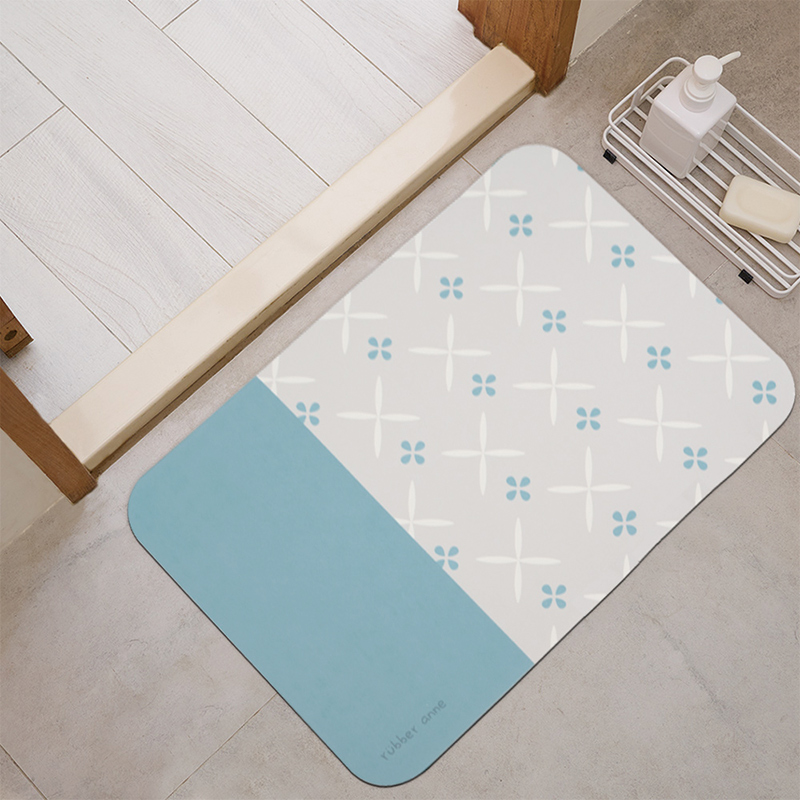 【Monster】 Soft Diatomaceous Earth Absorbent Mat – Floral Tile Series (60x40cm) – Blue & Brown Tile Memories, , large