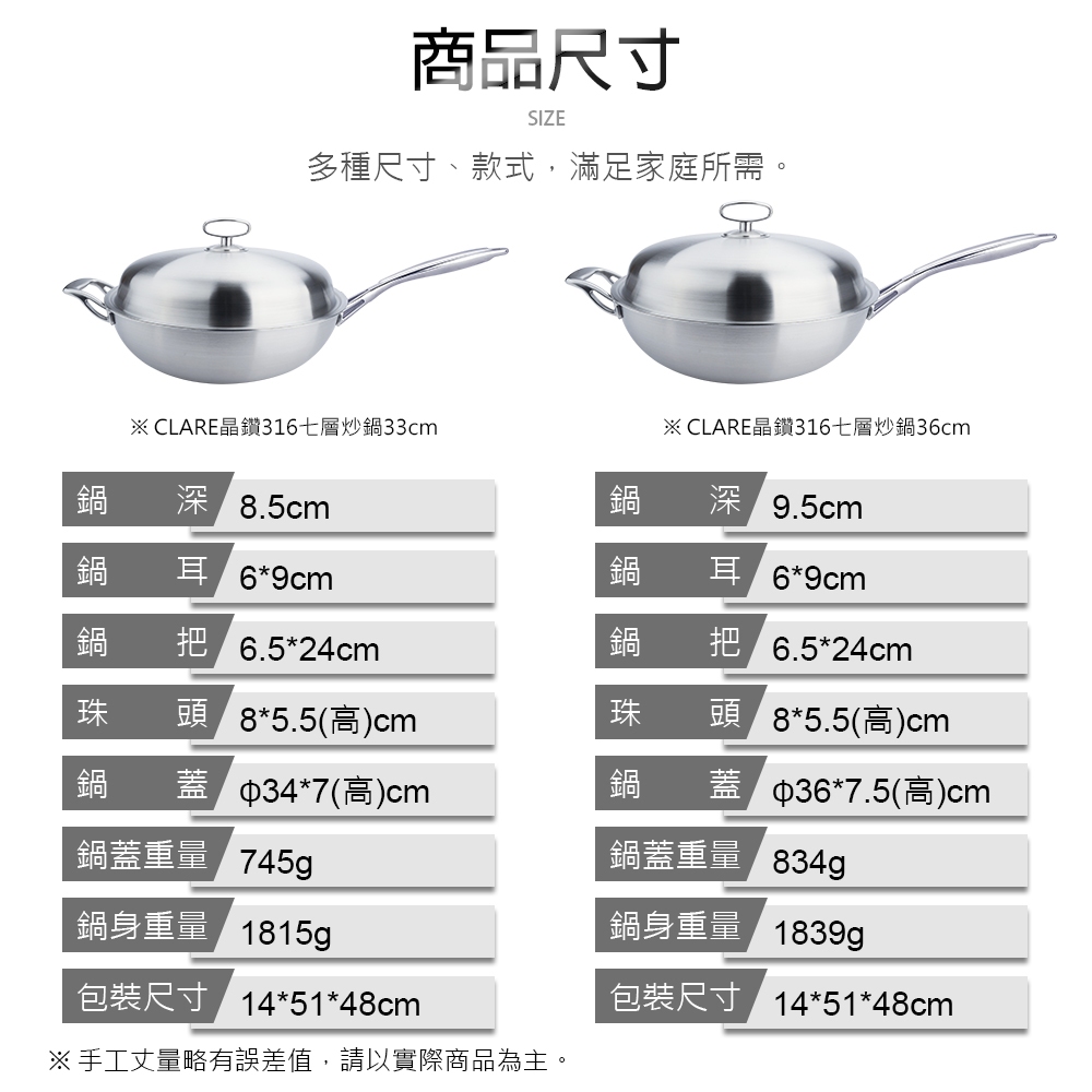 CLARE 可蕾爾 晶鑽316不鏽鋼七層複合金炒鍋附蓋 33cm單把 附蓋-Leidea樂德兒, , large
