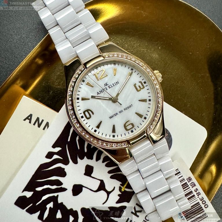 [星晴錶業]ANNE KLEIN手錶,34mm,AN00546白色, 貝母錶面金色錶殼白陶瓷錶帶款, , large