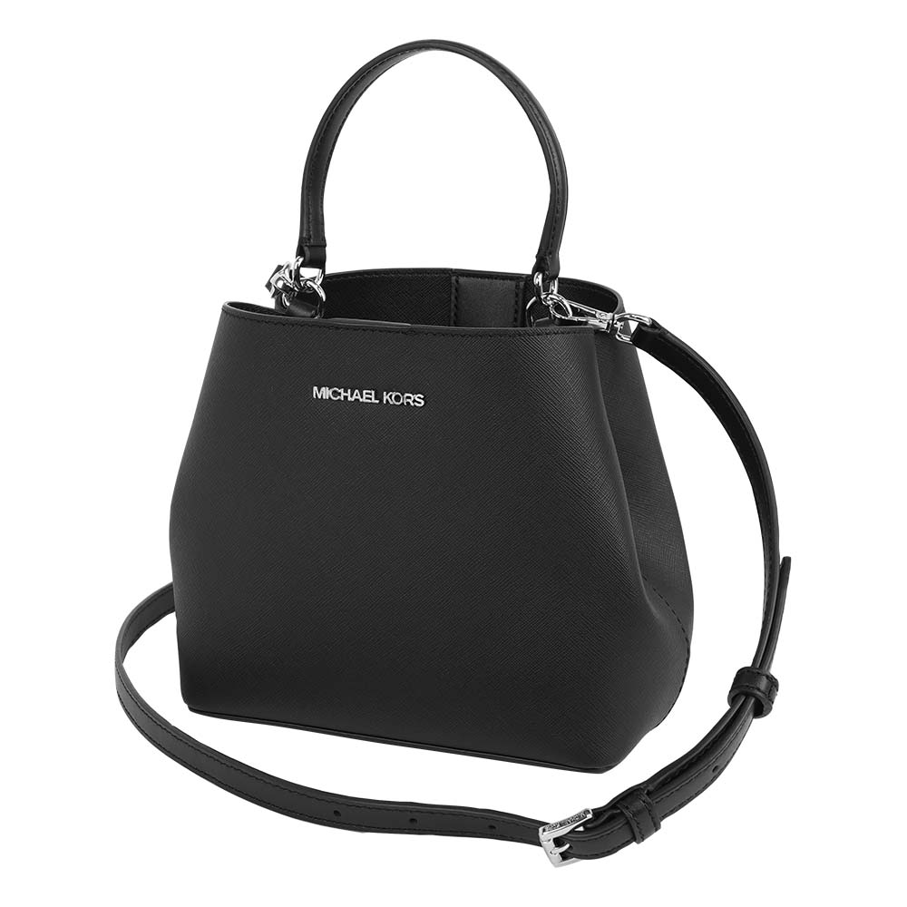 Michael Kors Pratt 銀字素面手提/斜背二用小款水桶包(黑色), , large