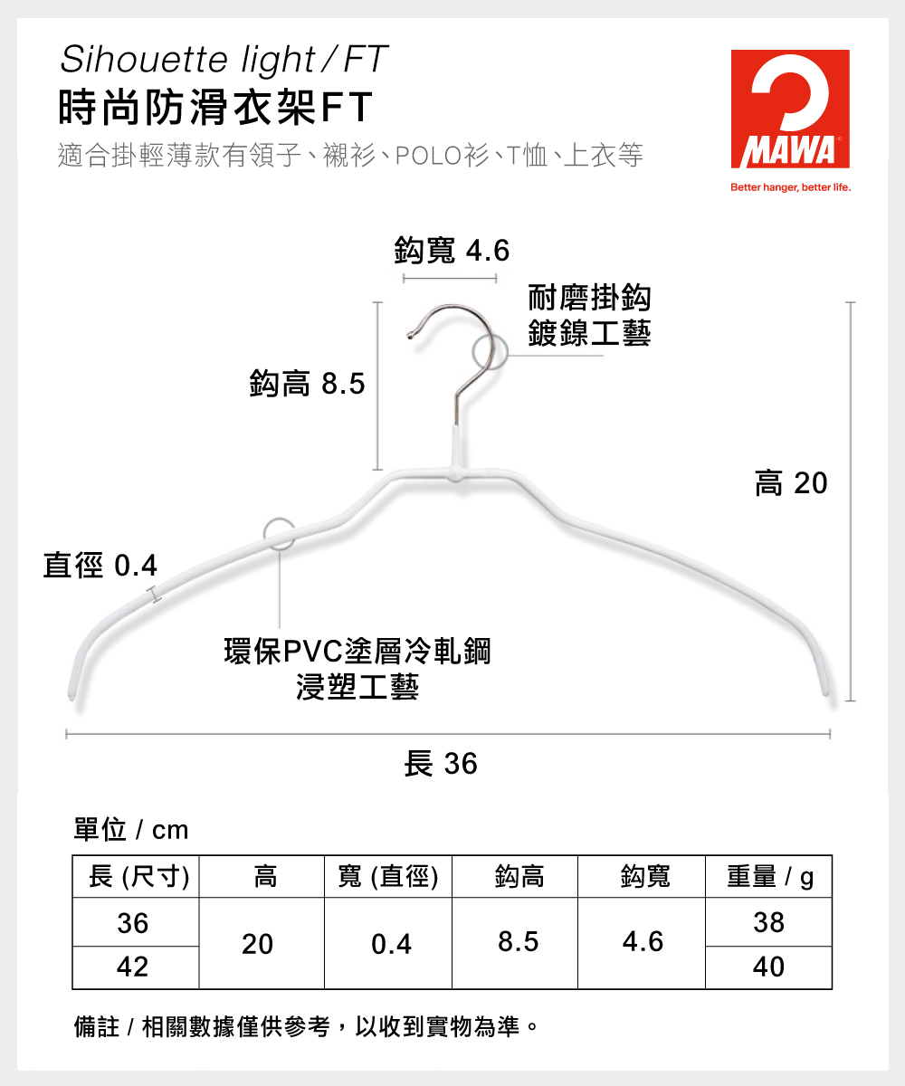 [German MAWA] German original imported fashion traceless anti-slip hanger 42cm (morning dew powder/40 pieces) , , large