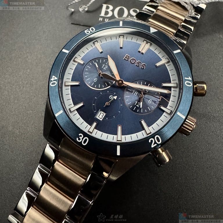 [星晴錶業]BOSS手錶,46mm,HB1513937寶藍色錶面寶藍錶殼金銀相間精鋼錶帶款, , large