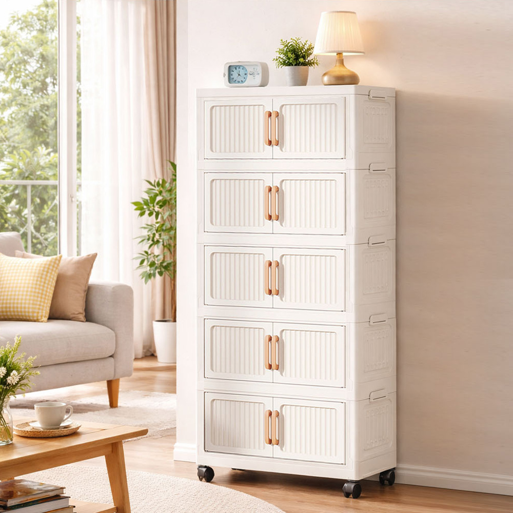 【AOTTO】58面寬五層折疊附輪雙開門收納櫃-奶油款(AC-058W), , large