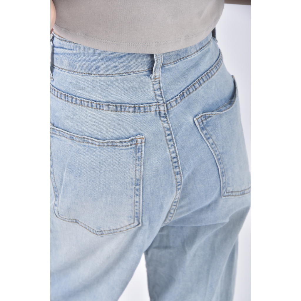 (S) jeans高腰丹寧牛仔質感棉質珍珠藍色長褲二手衣, , large