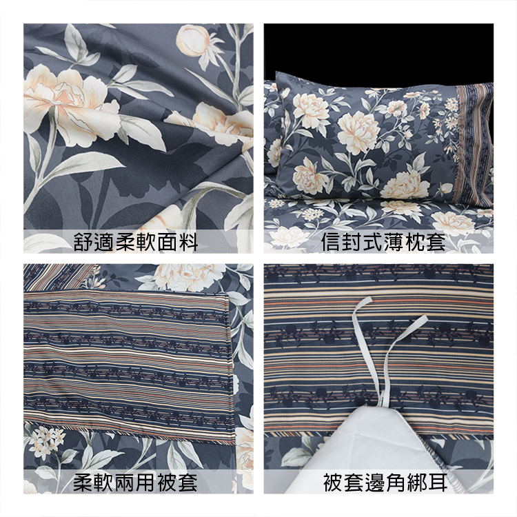 【多利寶寢具】FITNESS 精梳棉雙人加大四件式兩用被床包組-花語情嵐-藍灰, , large