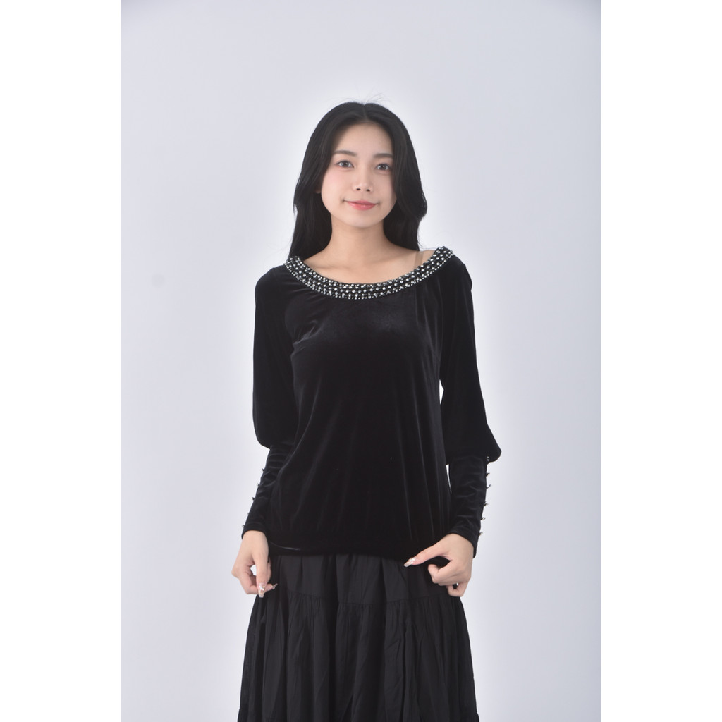 (S) wanko質感圓領黑色長袖上衣二手衣, , large