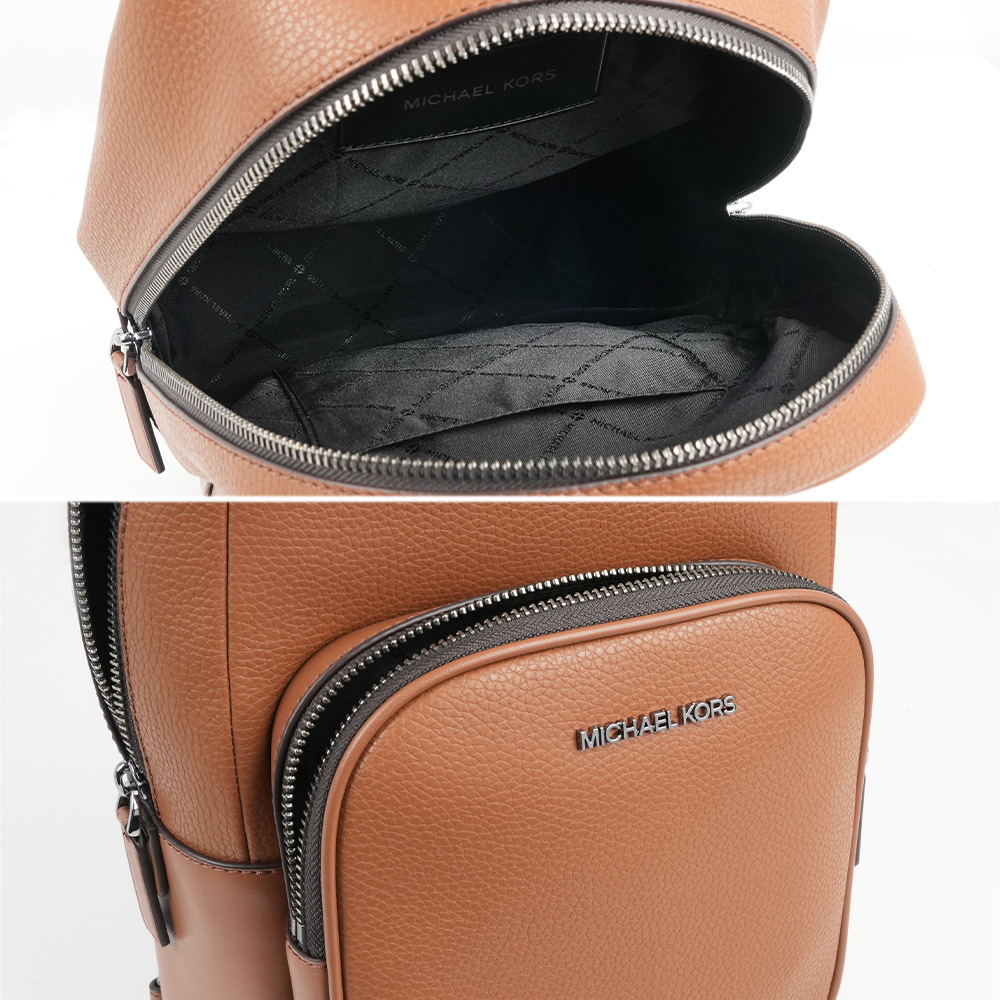 Michael Kors Cooper 銀字荔枝皮革口袋單肩背包(焦糖色), , large