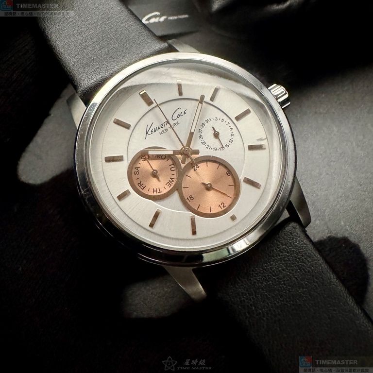 [星晴錶業]Kenneth Cole手錶,42mm,K3010013495白色錶面銀錶殼深黑色真皮皮革錶帶款, , large