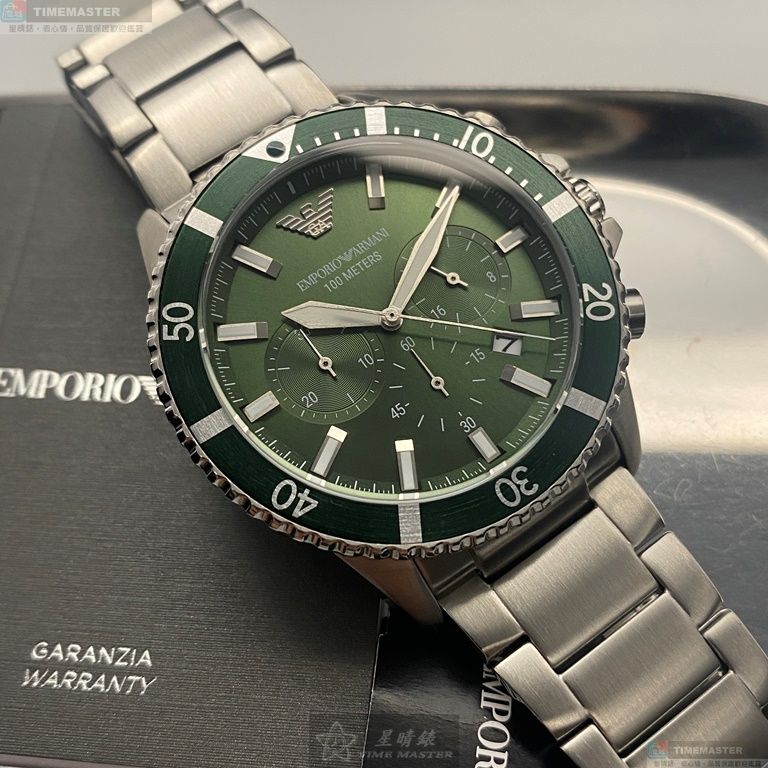 [星晴錶業]ARMANI手錶,44mm,AR00021墨綠色錶面銀錶殼銀色精鋼錶帶款, , large