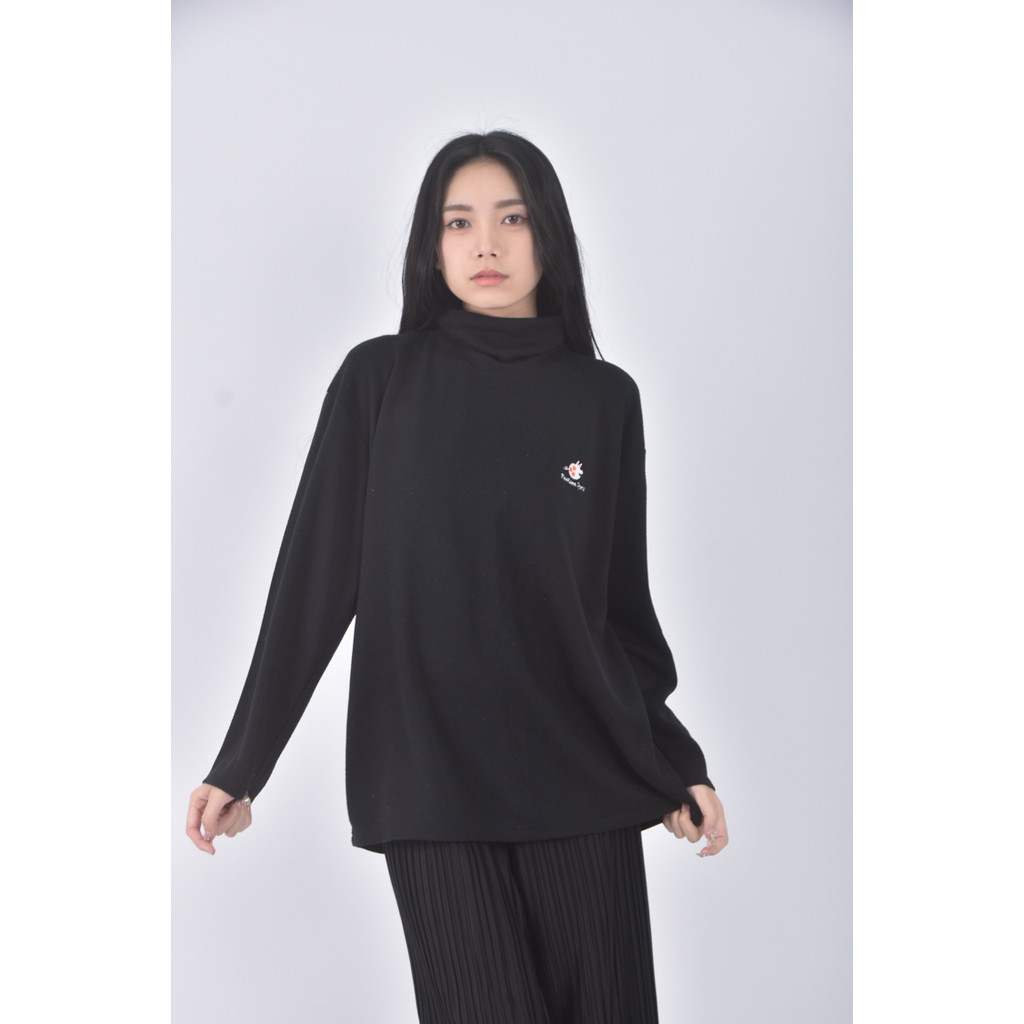 (XL) 質感高領刺繡黑色長袖上衣二手衣, , large