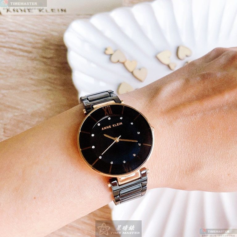 [星晴錶業]AnneKlein手錶,32mm,AN00344黑色錶面玫瑰金錶殼深黑色陶瓷錶帶款, , large