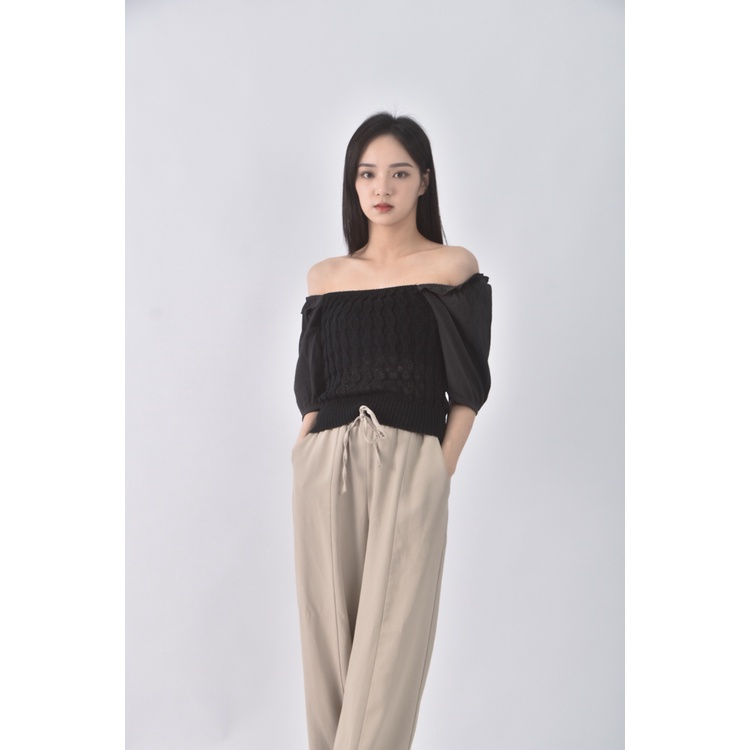 (S) 針織泡泡袖黑色短袖上衣二手衣, , large